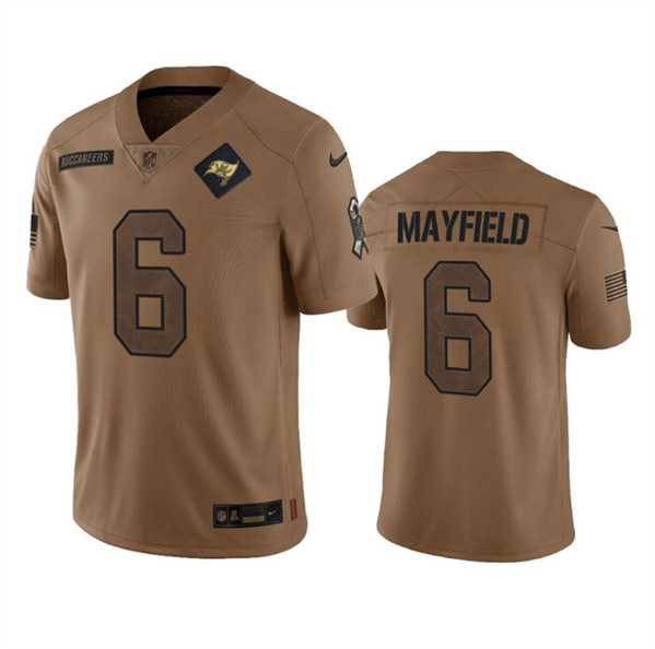 Men%27s Tampa Bay Buccaneers #6 Baker Mayfield 2023 Brown Salute To Service Limited Jersey Dyin